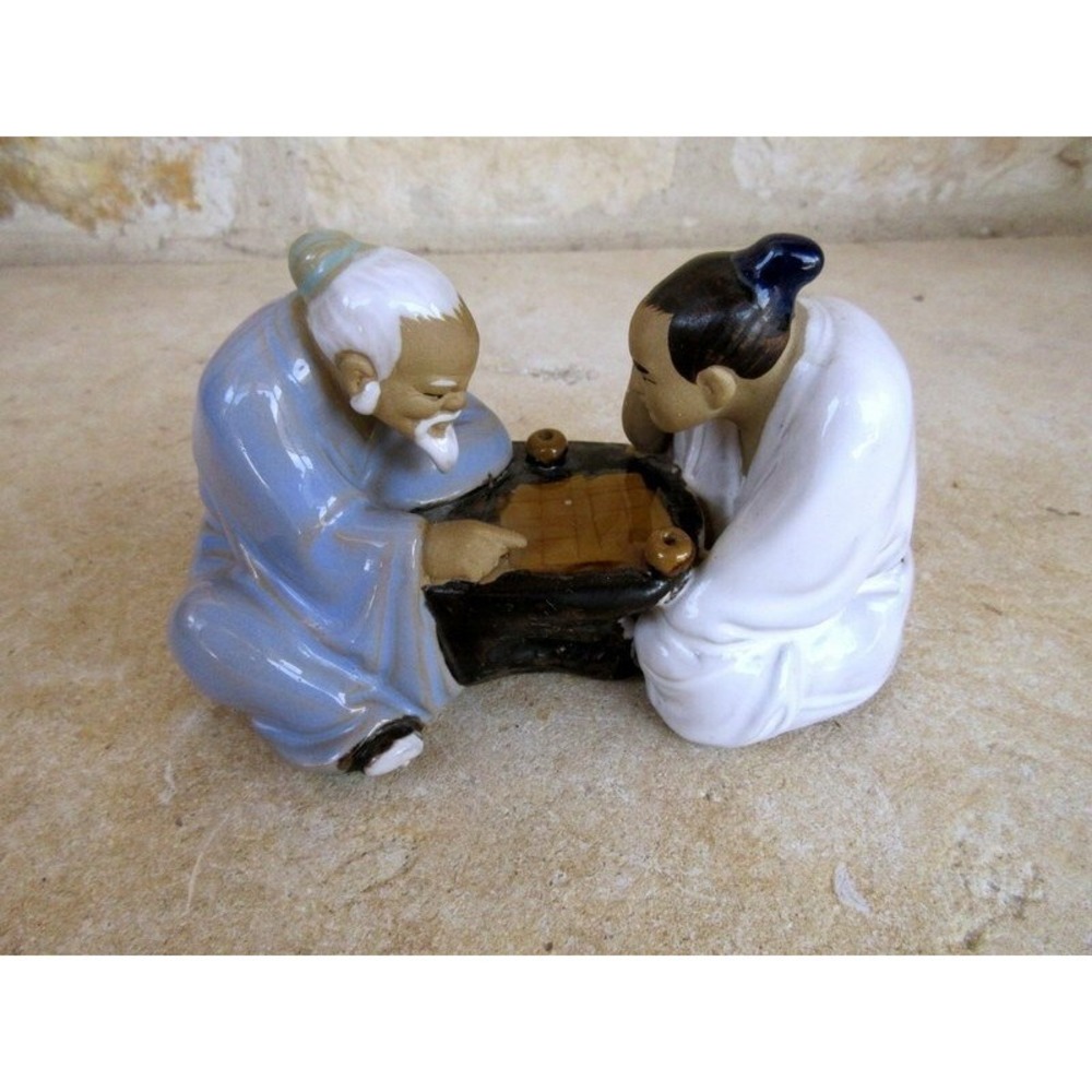 Vintage Chinese Shiwan Mudman Glazed Clay Art Pottery Men Playing Chess/Checkers